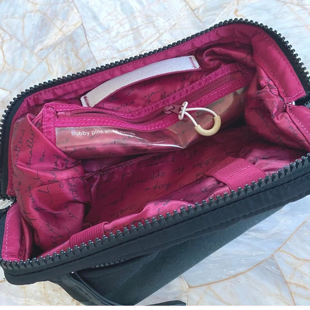 Lululemon Athletica Toiletry Bag Black Nylon Suede Pink Script Organizer